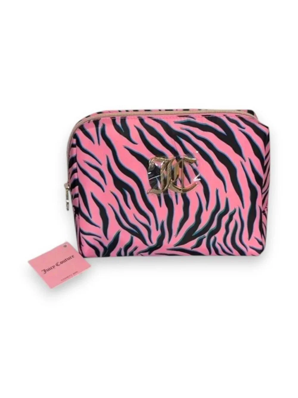 Juicy Couture Pink Tiger Strips Print Large Travel Cosmetic Bag with Bottle NWT